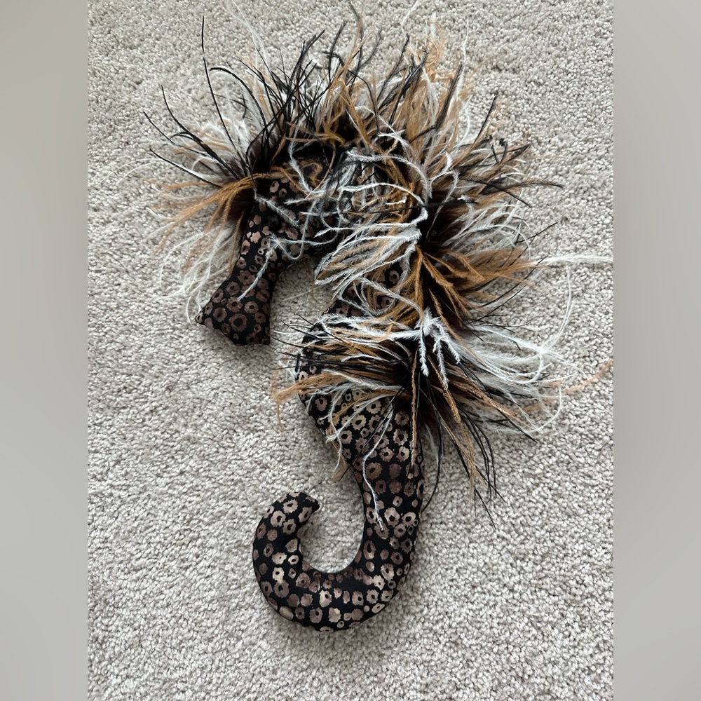 Seahorse home decor feathers, plush brown and black